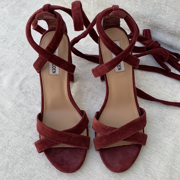 Steve Madden Burgundy Suede Ankle Wrap Around Straps Criss Cross Heels - Picture 3 of 11